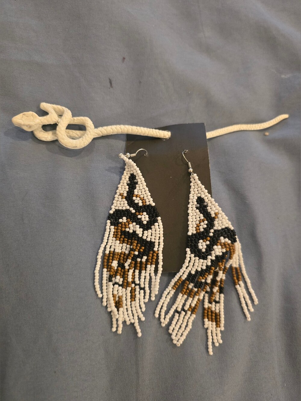Kundalini Queen White Black And Bronze  Beaded Serpent  Earrings  And Hair Piece